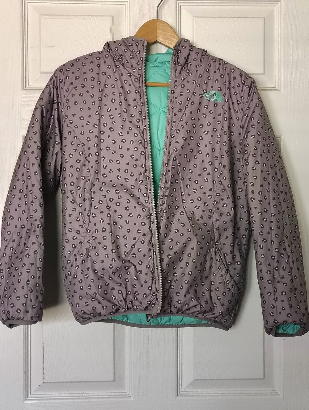 The North Face Girls' Hooded Reversible Perrito Puffer Jacket Large Mint Gray - Picture 3 of 4